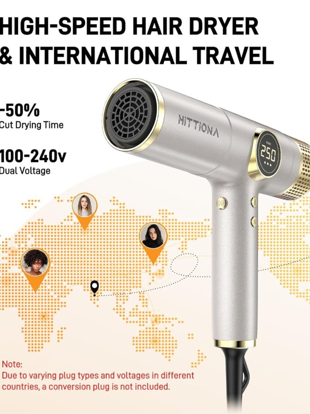Dual Voltage Travel Hair Dryer with Magnetic Diffuser - 2000W